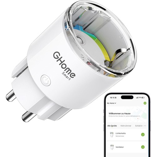 GHome Smart WLAN Socket, Smallest WiFi Socket Accessories, App Remote Control, Power Consumption Measure, Voice Control, Schedule, Works with Alexa Google Home, TÜV-Certified, Only 2.4 GHz WiFi, White