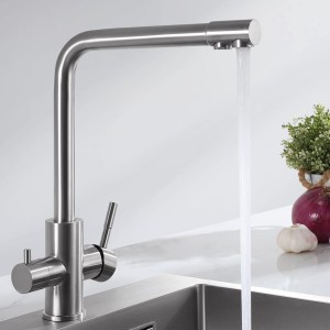 CECIPA 3-Way Kitchen Tap, 360° Swivel, Mixer Tap Kitchen for Osmosis System, 3-in-1 High Pressure Tap, Drinking Water Tap with 2 Levers, Brushed Stainless Steel (no water filter)