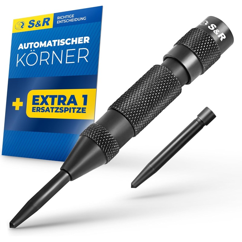S&R Automatic Punching Punch 50-100N 130mm Spring Centre with 1 Replacement Tip Cr-V Automatic Centre Punch Knurled Robust Durable Full Metal Design for Metal, Wood, Stone, Plastic and More