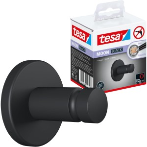 tesa MOON BLACK Handtuchhaken, matt schwarz, für Bad & WC - für Bäder im Industrial Style und moderne Badezimmer - bohrfrei, inklusiv Klebelösung - 37 mm x 37 mm x 36 mm