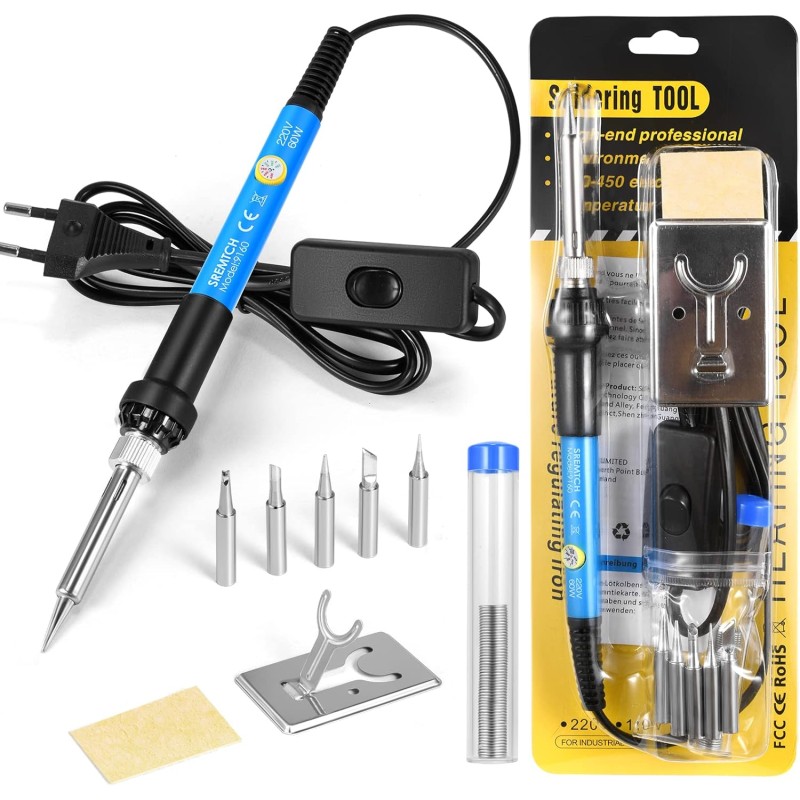 SREMTCH [Upgraded] 60 W Soldering Iron Set with Temperature Adjustable and On/Off Switch, 9-in-1 Soldering Sets, 5 Soldering Iron Tips, 10 g Soldering Wire, Y-Type Soldering Iron Stand for Welding,