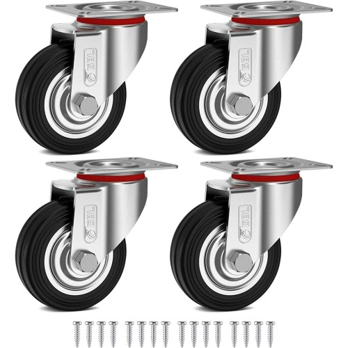 GBL Heavy Duty Castor Wheels + Screws - 75 mm up to 200 kg - 4 Pack No Floor Marks Silent Castor for Furniture - Rubber Coated Trolley Wheels - Silver Wheels
