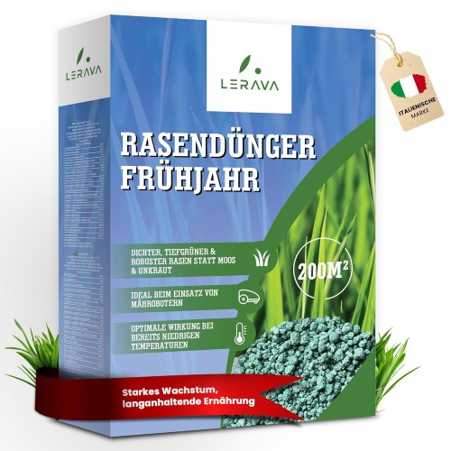 LERAVA® Lawn Fertiliser Spring - 4.8 kg - Nitrogen Fertiliser with Long-Lasting Effect, for Green Lawn, 3 Months Nutrient Supply, Even Nutrient Distribution, Lawn Fertiliser, Fertiliser Grass,