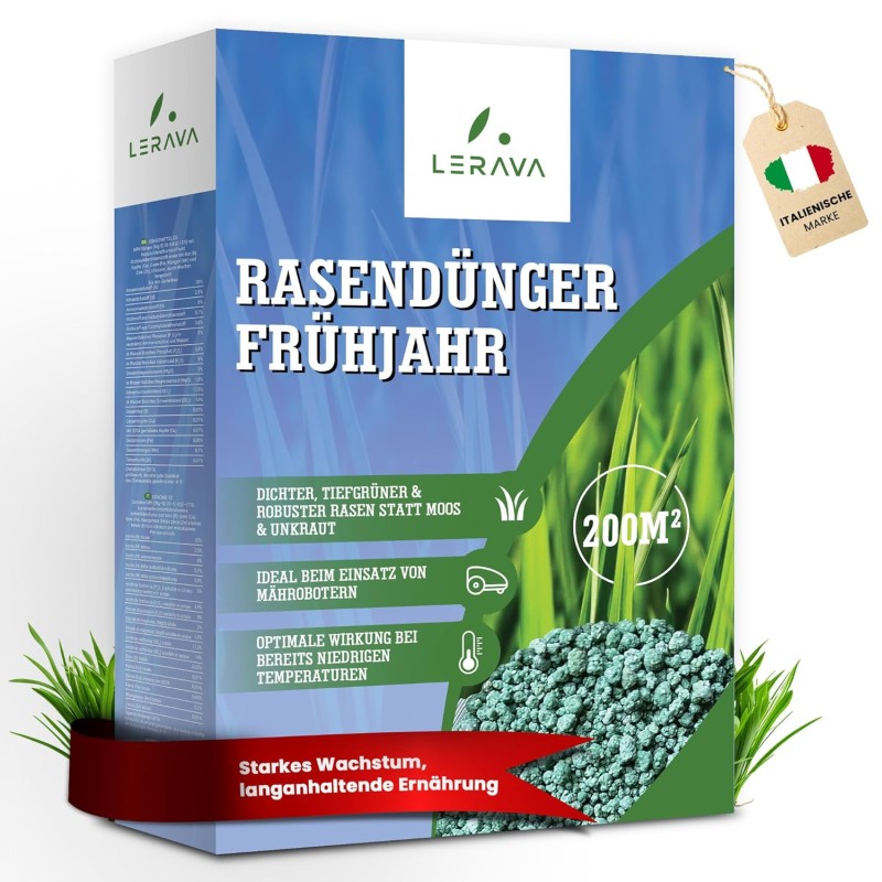 LERAVA® Lawn Fertiliser Spring - 4.8 kg - Nitrogen Fertiliser with Long-Lasting Effect, for Green Lawn, 3 Months Nutrient Supply, Even Nutrient Distribution, Lawn Fertiliser, Fertiliser Grass,