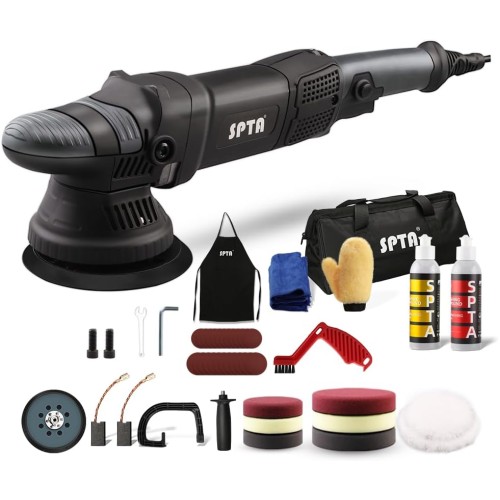 SPTA Car Polishing Machine, 780 W Eccentric Polisher, 6 Variable Speeds, with 125 mm and 150 mm Polishing Sponge, Removable D-Handle and Side Handle, 4 m Cable, for Polishing Car, Boat, Motorcycle
