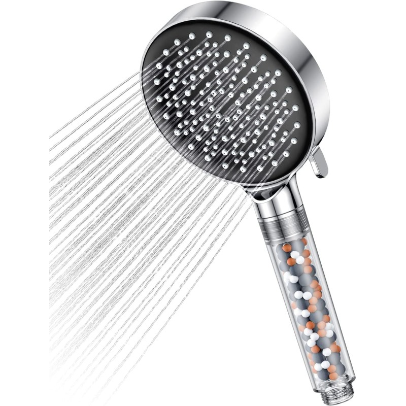 YEAUPE Water-Saving Shower Head, 7.5 L/Min, Rain Shower Head with Filter, Pressure Increasing, with 6 Jet Types, Economical Shower Head (without Hose), Chrome