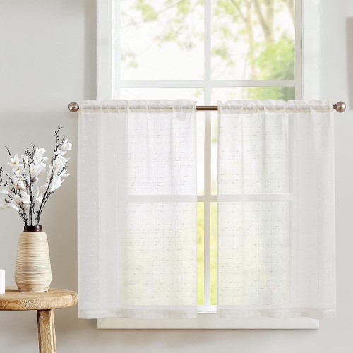 TOPICK Half-Curtains, Transparent, Bistro Curtains with Cross Pattern, Sheer Curtains, Short Gates, Gauze Window Curtains for Kitchen, Living Room, Country House Style, Set of 2, 60 cm, Ivory White