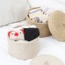 Sea Team Pack of 2 Jute and Cotton Linen Storage Basket, Cute Round Box for Toiletries, Toys, Various Items, 2 Litre Desk Gadget Organiser with Lid (Small A)
