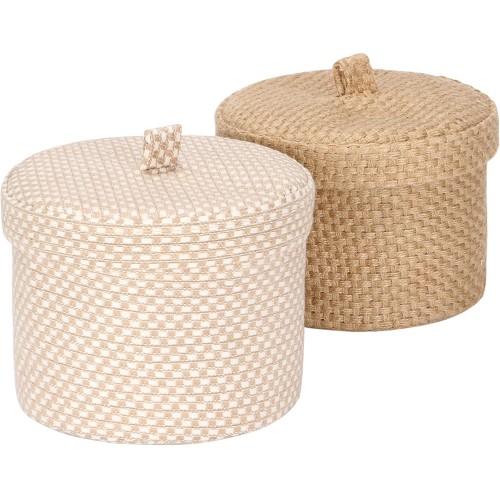 Sea Team Pack of 2 Jute and Cotton Linen Storage Basket, Cute Round Box for Toiletries, Toys, Various Items, 2 Litre Desk Gadget Organiser with Lid (Small A)