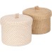 Sea Team Pack of 2 Jute and Cotton Linen Storage Basket, Cute Round Box for Toiletries, Toys, Various Items, 2 Litre Desk Gadget Organiser with Lid (Small A)