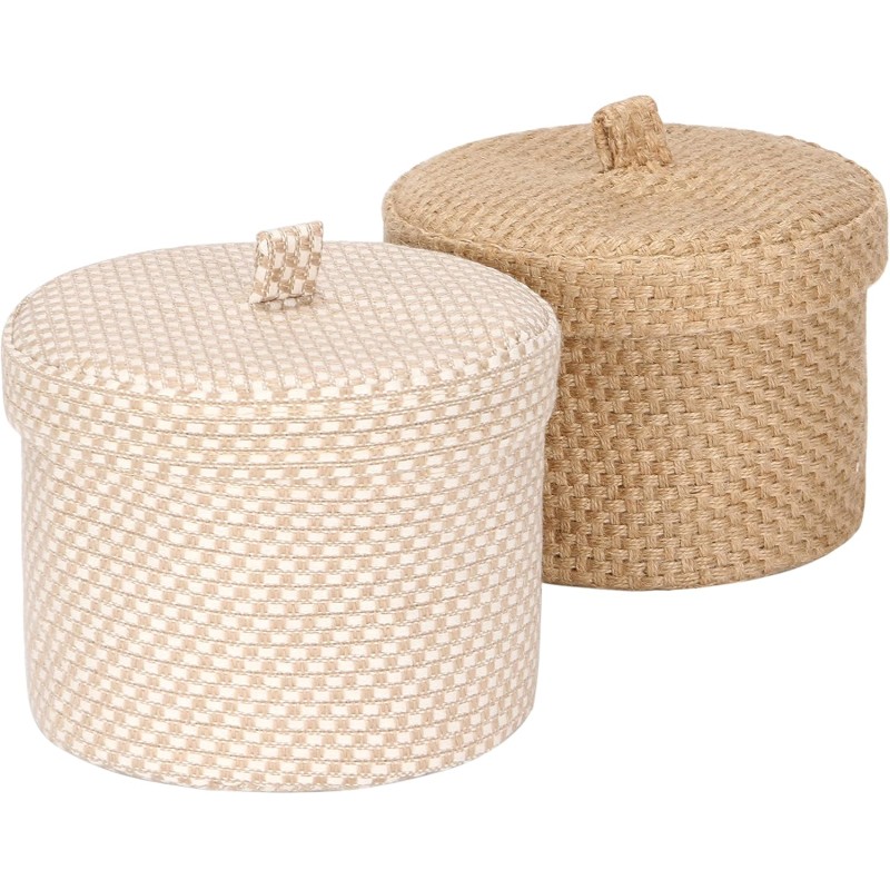 Sea Team Pack of 2 Jute and Cotton Linen Storage Basket, Cute Round Box for Toiletries, Toys, Various Items, 2 Litre Desk Gadget Organiser with Lid (Small A)