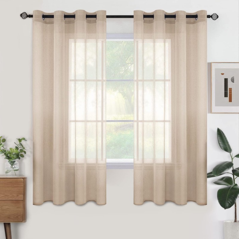 Woaboy Voile Curtains, Short Curtains, Transparent Living Room with Eyelets, Store Curtains for the Bedroom, Eyelet Curtain, Panel Curtain, Loop Curtains, Modern, Set of 2, 140 x 175 cm (W x H), Beige