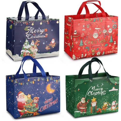 4pcs Christmas Gift Bags, Christmas Carrier Bags with Handles, Christmas Bags, Multifunctional Fleece Christmas Bags for Wrapping Gifts, 32.5 × 25 × 17 cm