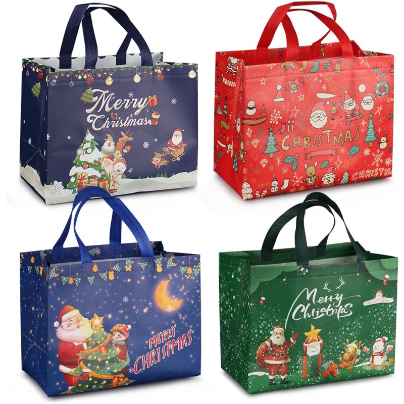 4pcs Christmas Gift Bags, Christmas Carrier Bags with Handles, Christmas Bags, Multifunctional Fleece Christmas Bags for Wrapping Gifts, 32.5 × 25 × 17 cm