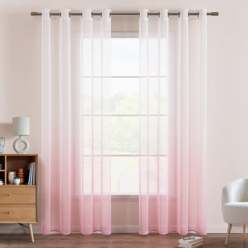 EMEMA Transparent Curtains, Colour Gradient, Voile Sheer, with Eyelets, Decorative Window Scarf for Bedroom and Living Room, 260 cm x 140 cm (H x W), Set of 2, White/Pink