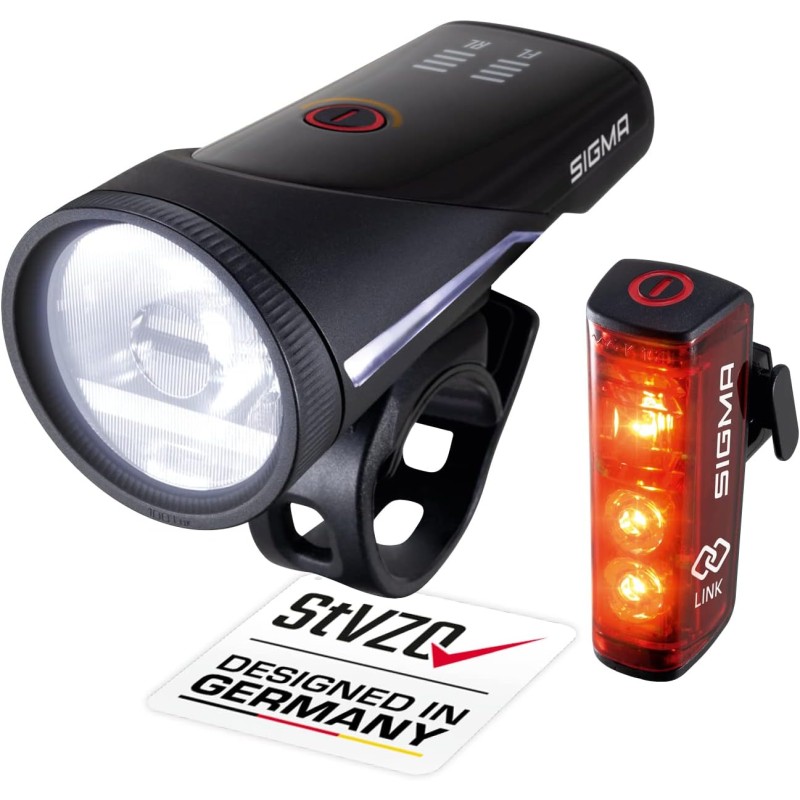 SIGMA Bicycle Light Set Aura 100/Blaze Link (Silicone Holder) Innovative Coupling Function and Automatic Light Adjustment LED Bicycle Light Front with 100 Lux Rear Light with Brake Light Function