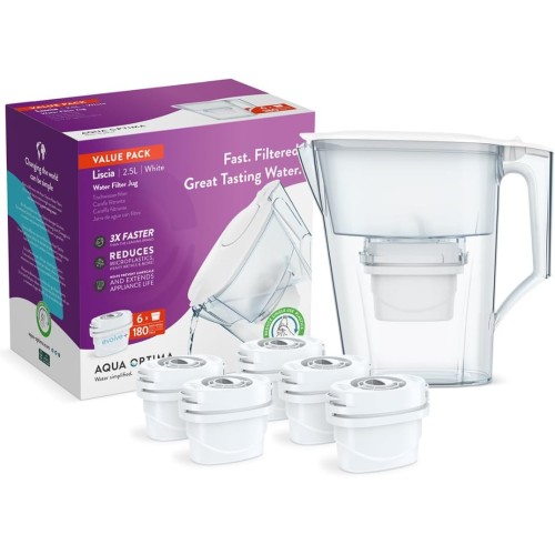 Aqua Optima Liscia Water Filter Jug & 6 x 30 Day Evolve+ Water Filter Cartridges, 2.5 Litre Capacity, to Reduce Microplastic, Chlorine, Limescale and Contaminants, White