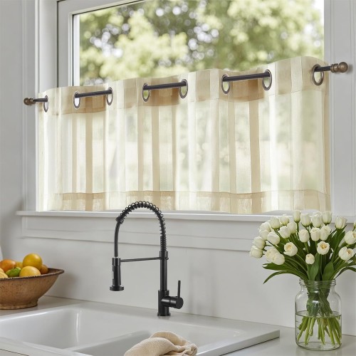 TOPICK Voile Net Curtains, Bistro Curtain for Living Room, Modern, H 35 x W 130 cm, Set of 1 with Eyelets, Transparent, Country House Stripes, Kitchen Curtain, Striped Kitchen Curtains, Pair Small