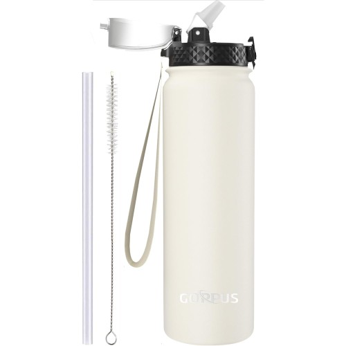 GOPPUS Thermos Flask with Straw Double Layer Stainless Steel Drinking Bottle 1 Litre Insulated Flask Leak-Proof Sports Water Bottle Carbonated Water Bottle Drinking Bottles BPA-Free Water Bottle