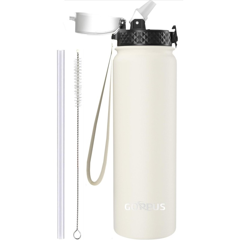 GOPPUS Thermos Flask with Straw Double Layer Stainless Steel Drinking Bottle 1 Litre Insulated Flask Leak-Proof Sports Water Bottle Carbonated Water Bottle Drinking Bottles BPA-Free Water Bottle