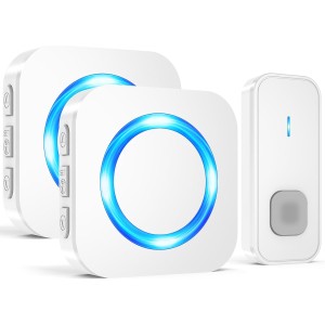 SURFOU Wireless Bell, 400 m Wireless Range Outdoor Waterproof Doorbell Wireless 2 Plug in Receiver, Front Door Bell with 55 Ringtones, 5 Volumes, Flashing LED House Bell Sets, White