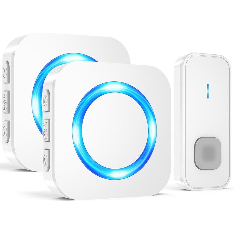 SURFOU Wireless Bell, 400 m Wireless Range Outdoor Waterproof Doorbell Wireless 2 Plug in Receiver, Front Door Bell with 55 Ringtones, 5 Volumes, Flashing LED House Bell Sets, White