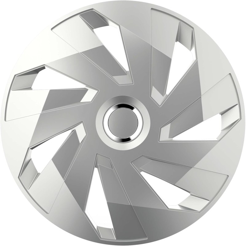 S SUMEX Set of 4 Hubcaps 16 Inches Voltage RC Silver Design, Special for Electric Vehicles, Chrome Finish and ABS Resistant to Strong Impacts, Durable and Reliable with Clamping Ring