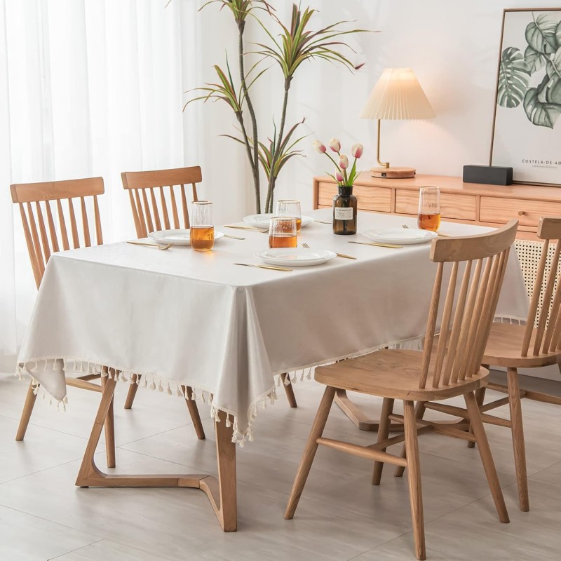 PUDSIRN Tablecloth, Polyester Waterproof Tablecloths, Rectangle Wrinkle Free Tassel Table Linen for Kitchen Dining, Party, Holiday (140 x 200 cm, Beige)