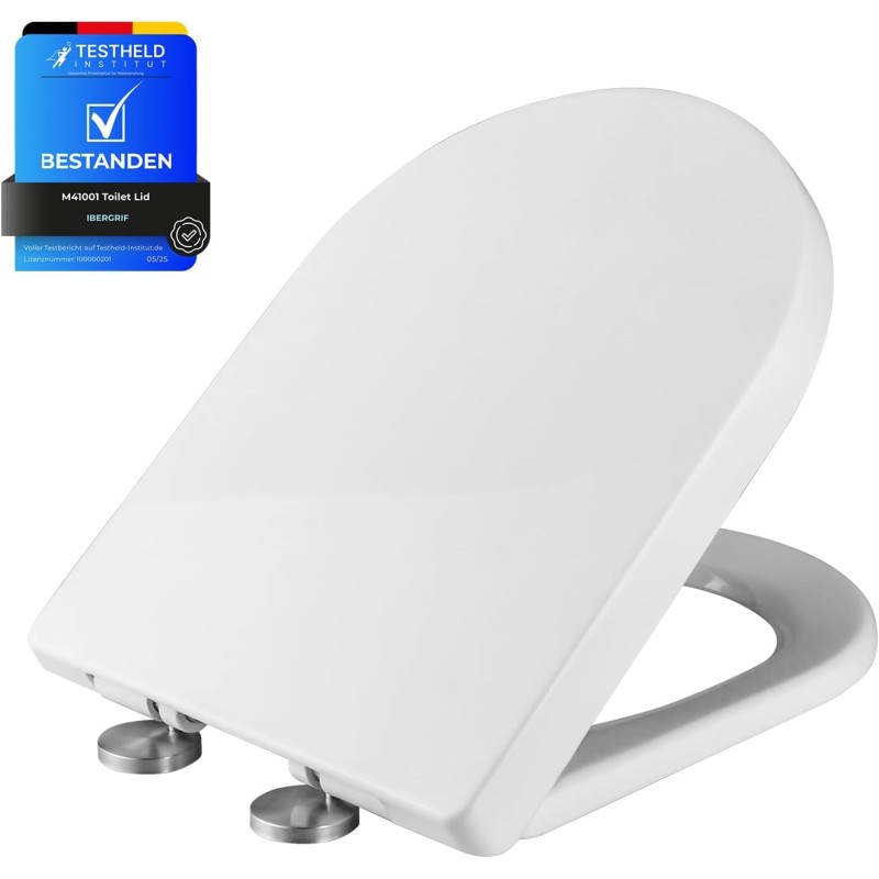 Ibergrif M41001 Toilet Seat with Soft-Close Mechanism, D Toilet Lid, Easy to Install and Clean, Quick Release Function, Antibacterial, Suitable for Most Toilets, Load Capacity of 150 kg, White