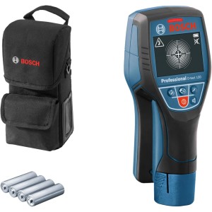 Bosch Professional D-tect 120 Tracking Device (4 x AA Batteries, Max. Detection Depth for Plastic Pipes/Wooden Substructure/Live Lines/Iron Metals: 60/38/60/120/120 mm, Protective Bag)