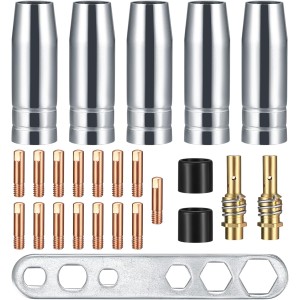 25 Piece Wear Parts Set, Protective Gas Welding Machine Accessories, Welding Accessories Suitable AK-15/MB-15, 5 x Gas Nozzles, 15 x Power Nozzles M6 0.8 mm, 2 x Nozzle Handle, 2 x Insulators, 1 x