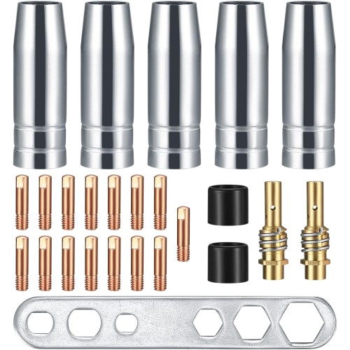 25 Piece Wear Parts Set, Protective Gas Welding Machine Accessories, Welding Accessories Suitable AK-15/MB-15, 5 x Gas Nozzles, 15 x Power Nozzles M6 0.8 mm, 2 x Nozzle Handle, 2 x Insulators, 1 x