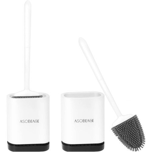 ASOBEAGE Toilet Brush, Toilet Brush and Container, Toilet Brushes for Bathroom with Quick Drying Holder Set (White, Pack of 2)