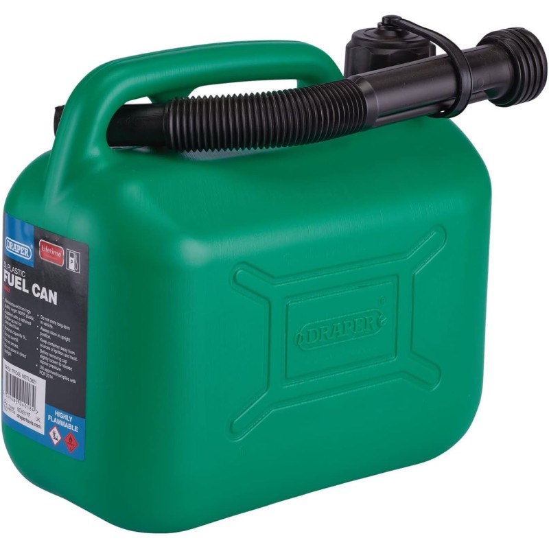 Draper 5L Plastic Petrol Can | Fuel Diesel Canister | 5000cc Water Container | 20mm Flexible Spout Diameter | 290mm Spout Length | 09052