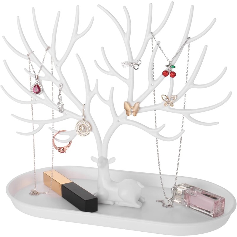 penobon Antlers Jewellery Stand, Jewellery Tree Girls, 2 in 1 Earring Holder & Jewellery Tray Made of Plastic, Jewellery Holder Storage for Earrings, Necklaces, Bracelets, Watches and Rings