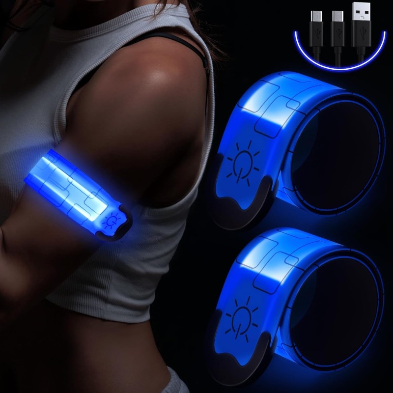 Upgrade LED Bracelet Rechargeable, Pack of 2 Reflective Light Bracelets Light Bracelet Children Light Strips USB Reflective Band Light Bracelet Reflective Band Night Safety Light for Jogging Running