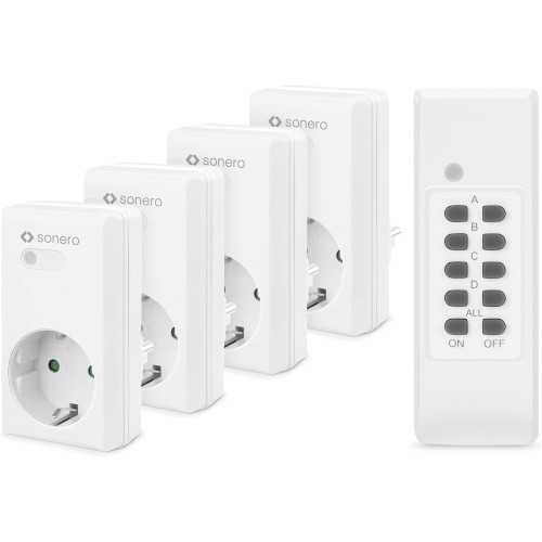 sonero Funksteckdosen Set: 4x Funksteckdose und 1x Funkfernbedienung, 1100 Watt, max. 30m Reichweite, Indoor, weiß