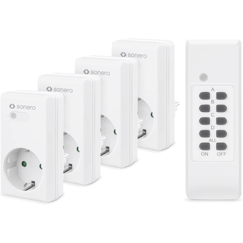 sonero Funksteckdosen Set: 4x Funksteckdose und 1x Funkfernbedienung, 1100 Watt, max. 30m Reichweite, Indoor, weiß