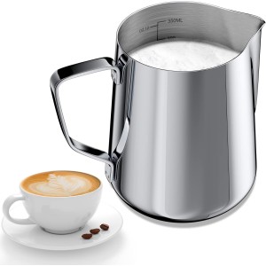 Gvolatee 350 ml Milk Jug for Milk Frothing 304 Stainless Steel, Milk Jug with Measurement Mark 12 oz for Barista, Milk Pitcher for Cappuccino, Latte Art, Espresso, Perfect for Coffee Lovers, Silver