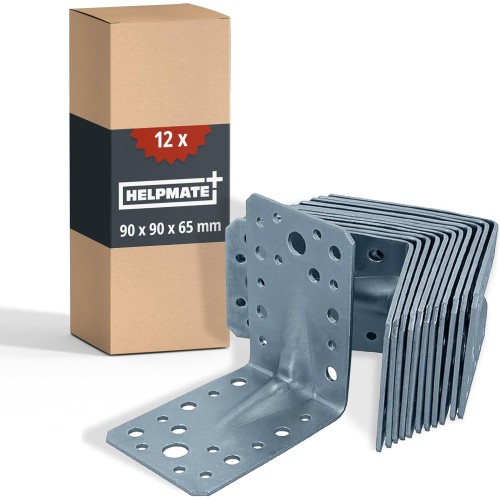Helpmate Angle Connector with Rib, 90 x 90 x 65 mm, Galvanised, Blued, Wood Connector, Pack of 12