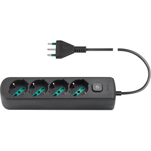 Vimar SICURY Universal Italian Standard 16 A Power Strip with Switch and 1.5 m Cable, 4 Outputs, Black
