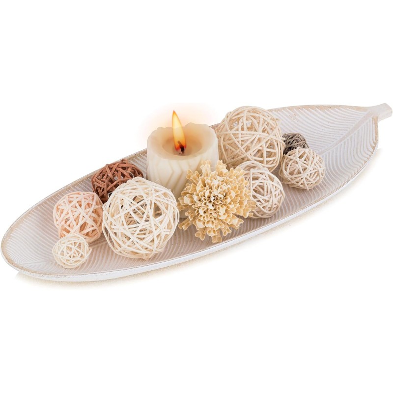 Hanobe Decorative Wooden Tray, Decorative Tray, Oblong: Decorative Tray, Small, Natural Leaf Bowl for Keys for Candles, Tea Lights, Vintage Long Candle Tray, Slim for Kitchen, Coffee Table