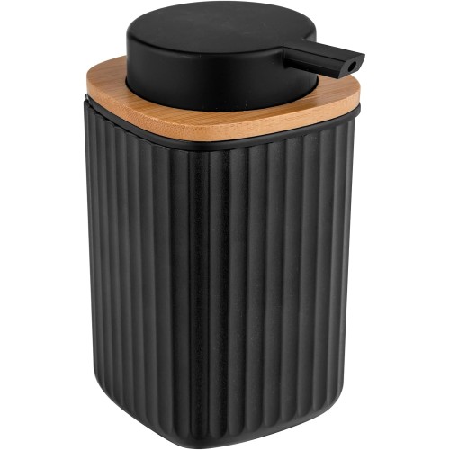 WENKO Rotello Soap Dispenser, Refillable Dispenser for 250 ml Liquid Soap, Made of High-Quality Plastic with Bamboo Detail, Also Suitable for Dishwashing Liquid, 8.9 x 12.7 x 7.5 cm, Black/Natural
