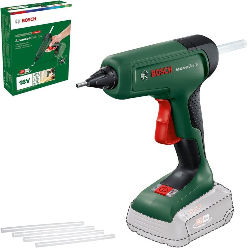 Bosch AdvancedGlue Cordless Glue Gun 18 V (without battery; 18 V system; 4 x glue sticks; heating in 90 seconds; dual temperature mode 130 °C - 200 °C; in box) – test note: very good (magazine: self