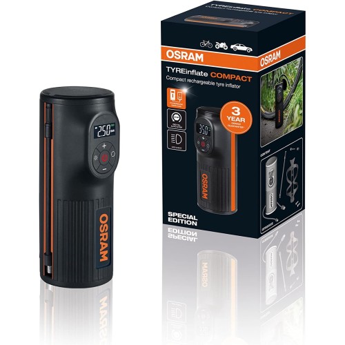Osram TYREinflate Compact, Battery Air Pump, Portable Electric Mini Air Compressor with LED Light, Auto Stop & Power Bank Function, USB Rechargeable, Suitable as Bicycle Pump
