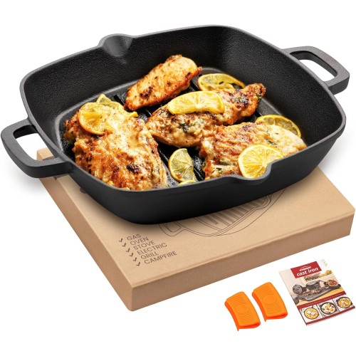 OVERMONT Cast Iron Grill Pan with Handle - Pre-Burned Steak Pans Frying Pan - Cast Iron Pan for Gas Grill Oven Charcoal Grill