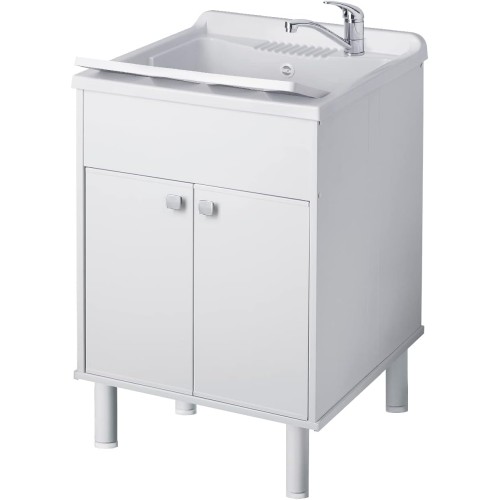 Negrari Resin Basin Sink - Resistant to Acids of Common Use - Moisture Resistant - Drain Kit Included - Indoor and Outdoor - L60 x D50 x H85 cm - White
