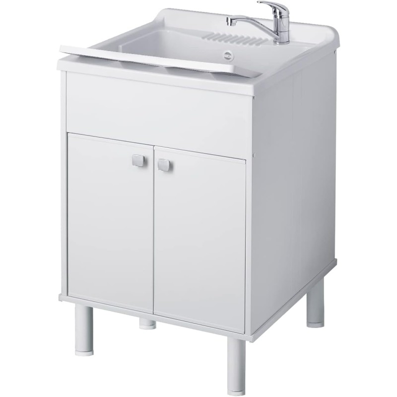 Negrari Resin Basin Sink - Resistant to Acids of Common Use - Moisture Resistant - Drain Kit Included - Indoor and Outdoor - L60 x D50 x H85 cm - White