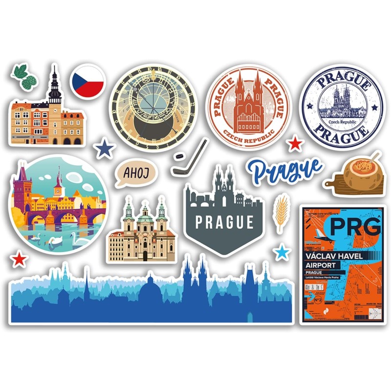 #79122 A5 Sticker Sheet Prague Landmarks Vinyl Sticker - Czech Republic Airport Stamps Skyline Flag Travel Holiday Scrapbooking City Luggage