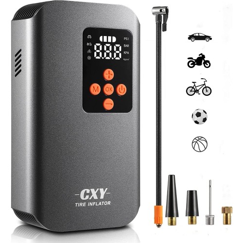 Cxy 7500 mAh Battery Air Pump Bicycle, Electric Compressor, Portable Bicycle Pump, Mini Tyre Pump, Rechargeable Battery Compressor with 4 Different Nozzles for Cars, Motorcycles, Bicycles and Balls